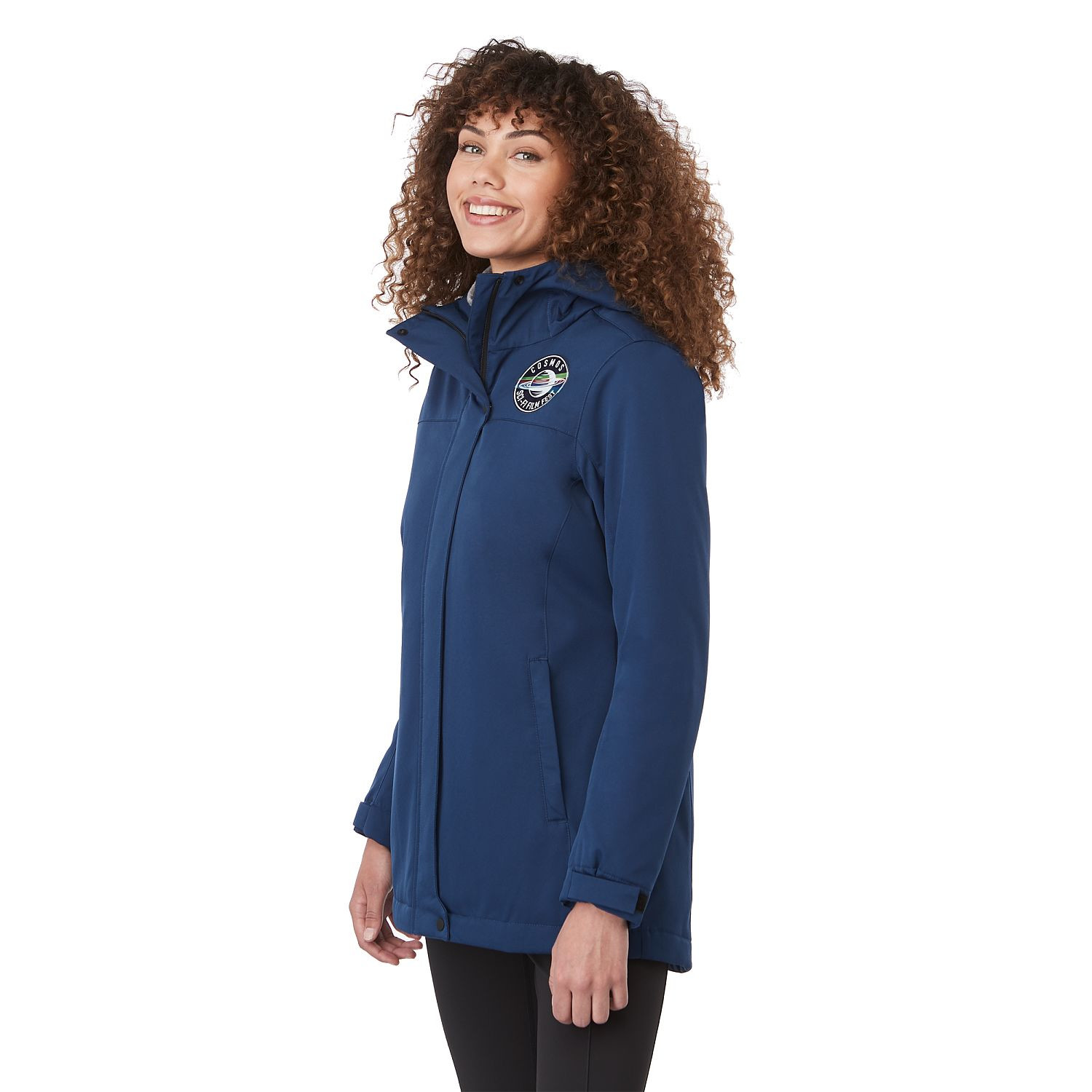 Blue women's insulated hooded jacket made with recycled polyester, featuring a waterproof breathable shell, quilted insulation, adjustable cuffs, storm flap, and mid-length silhouette for lightweight weather protection.
