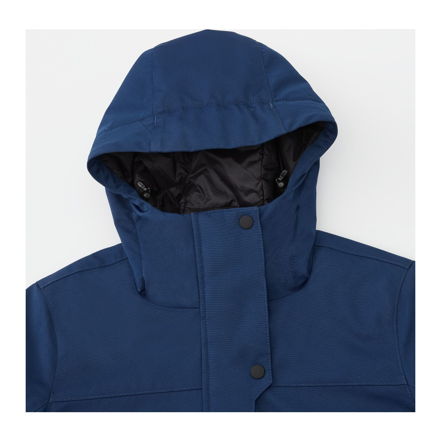 Blue women's insulated hooded jacket made with recycled polyester, featuring a waterproof breathable shell, quilted insulation, adjustable cuffs, storm flap, and mid-length silhouette for lightweight weather protection.