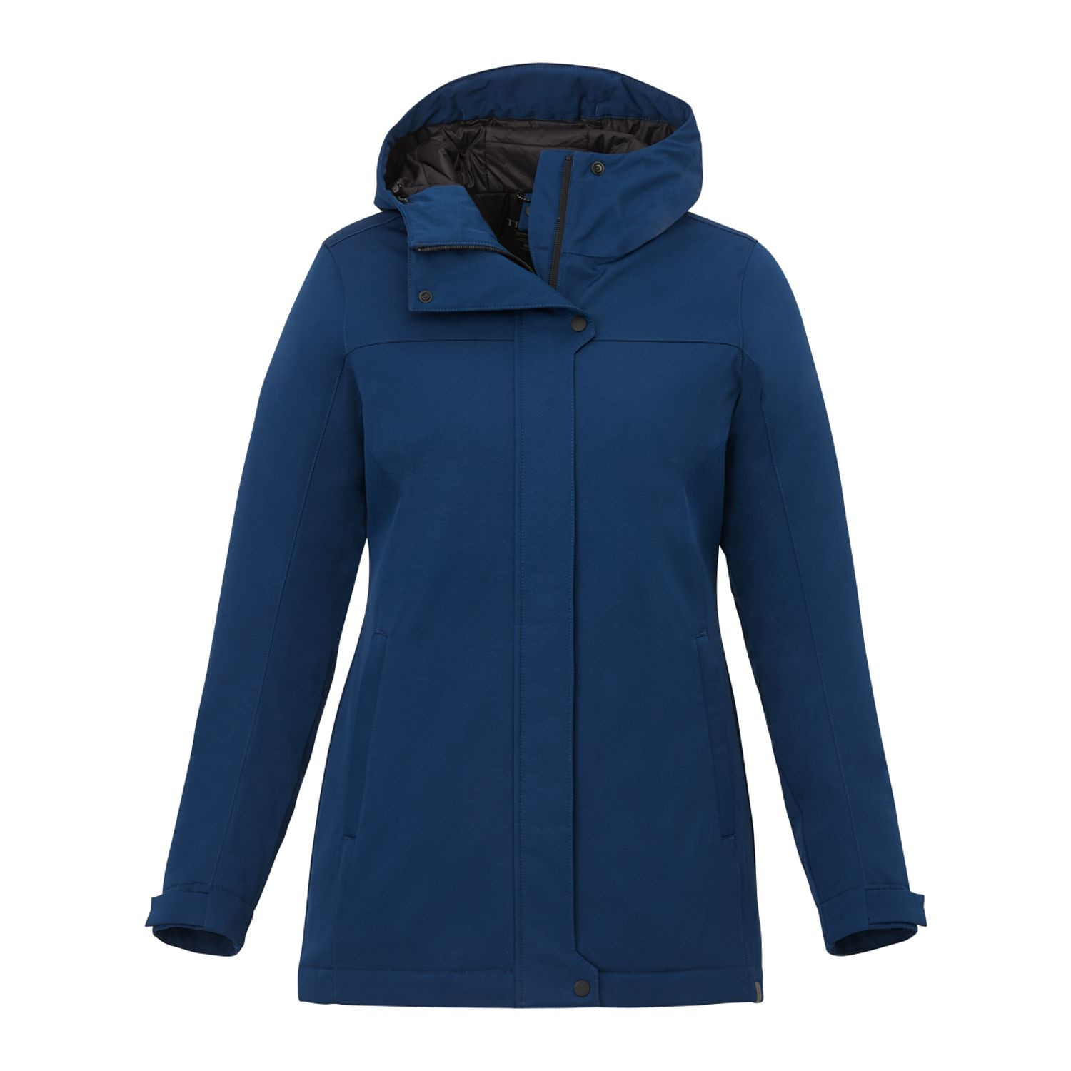 Blue women's insulated hooded jacket made with recycled polyester, featuring a waterproof breathable shell, quilted insulation, adjustable cuffs, storm flap, and mid-length silhouette for lightweight weather protection.