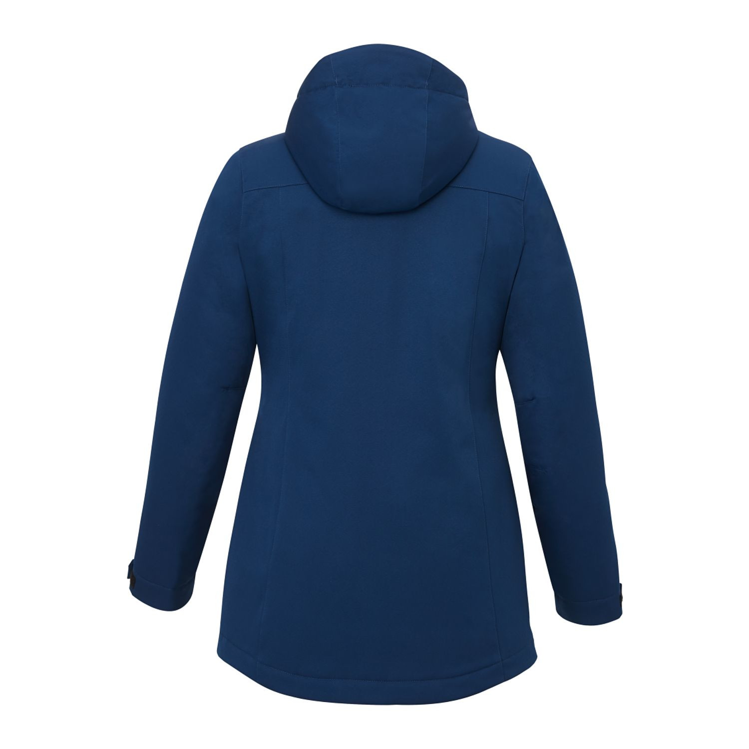 Blue women's insulated hooded jacket made with recycled polyester, featuring a waterproof breathable shell, quilted insulation, adjustable cuffs, storm flap, and mid-length silhouette for lightweight weather protection.