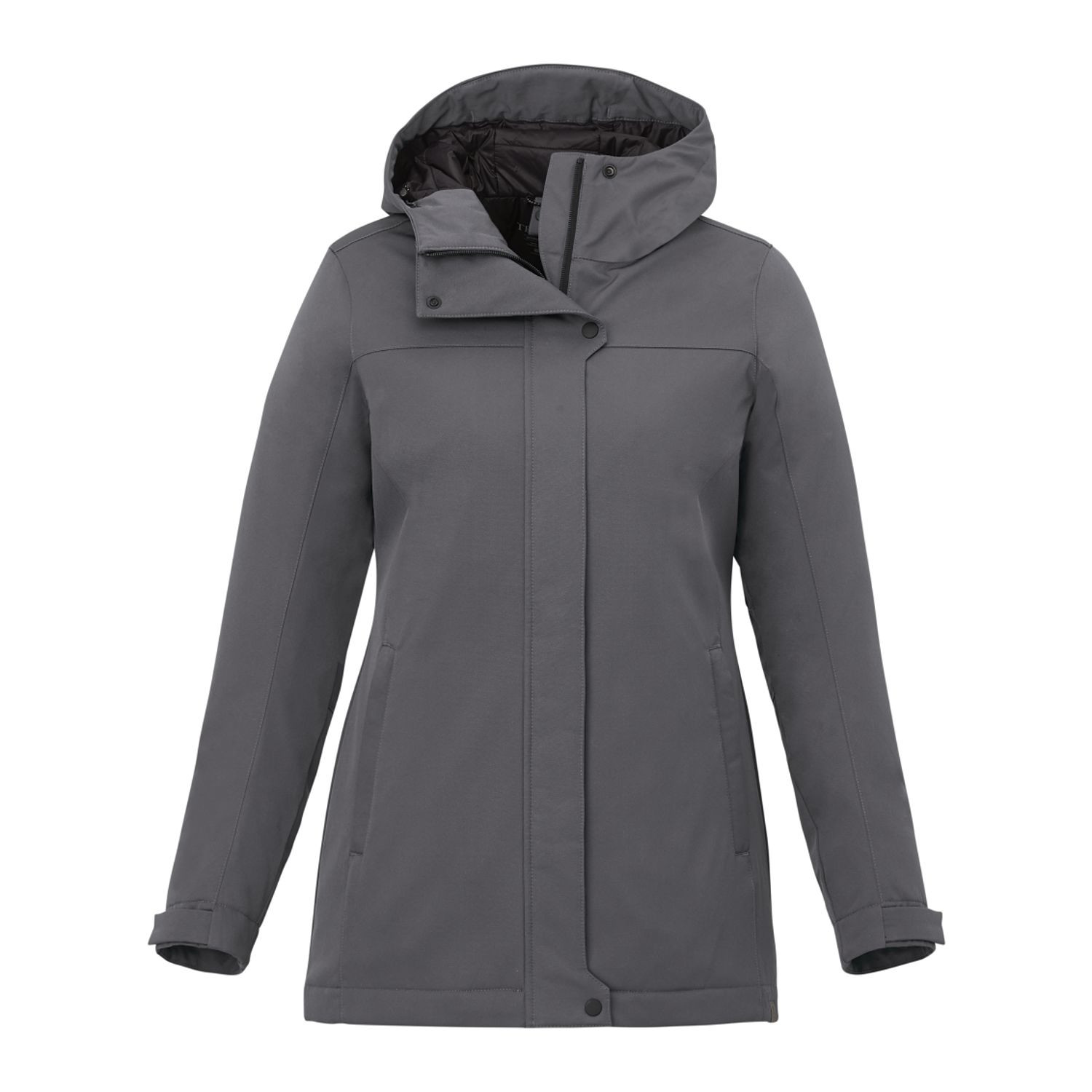 Gray women's insulated hooded jacket made with recycled polyester, featuring a waterproof breathable shell, quilted insulation, adjustable cuffs, storm flap, and mid-length silhouette for lightweight weather protection.