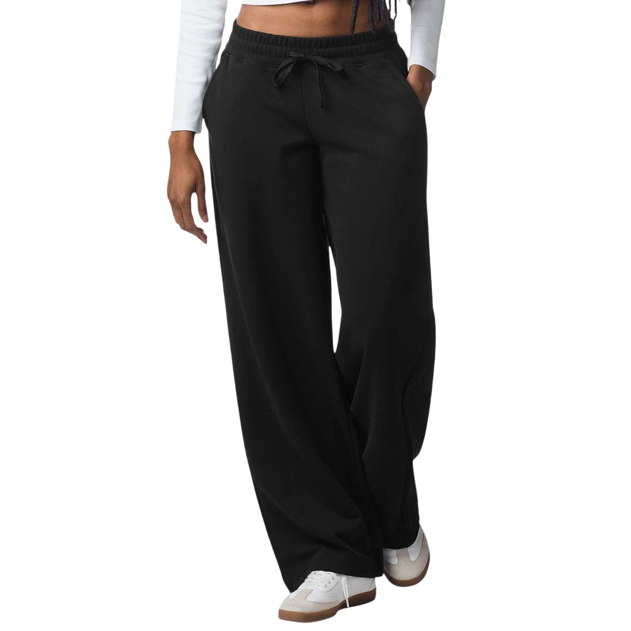 Black American Apparel Women's French Terry Wide Leg Pant, made from midweight cotton-poly French terry fabric with a soft brushed interior, featuring a relaxed wide-leg silhouette, elastic waistband with adjustable drawcord, angled side pockets, and clean side seams designed for casual comfort and everyday loungewear use.