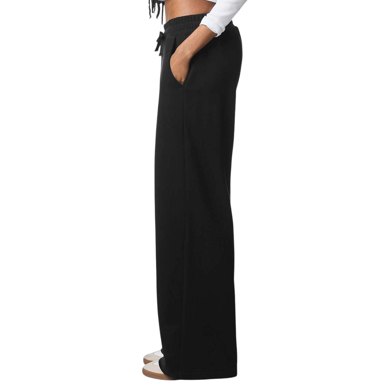 Black American Apparel Women's French Terry Wide Leg Pant, made from midweight cotton-poly French terry fabric with a soft brushed interior, featuring a relaxed wide-leg silhouette, elastic waistband with adjustable drawcord, angled side pockets, and clean side seams designed for casual comfort and everyday loungewear use.