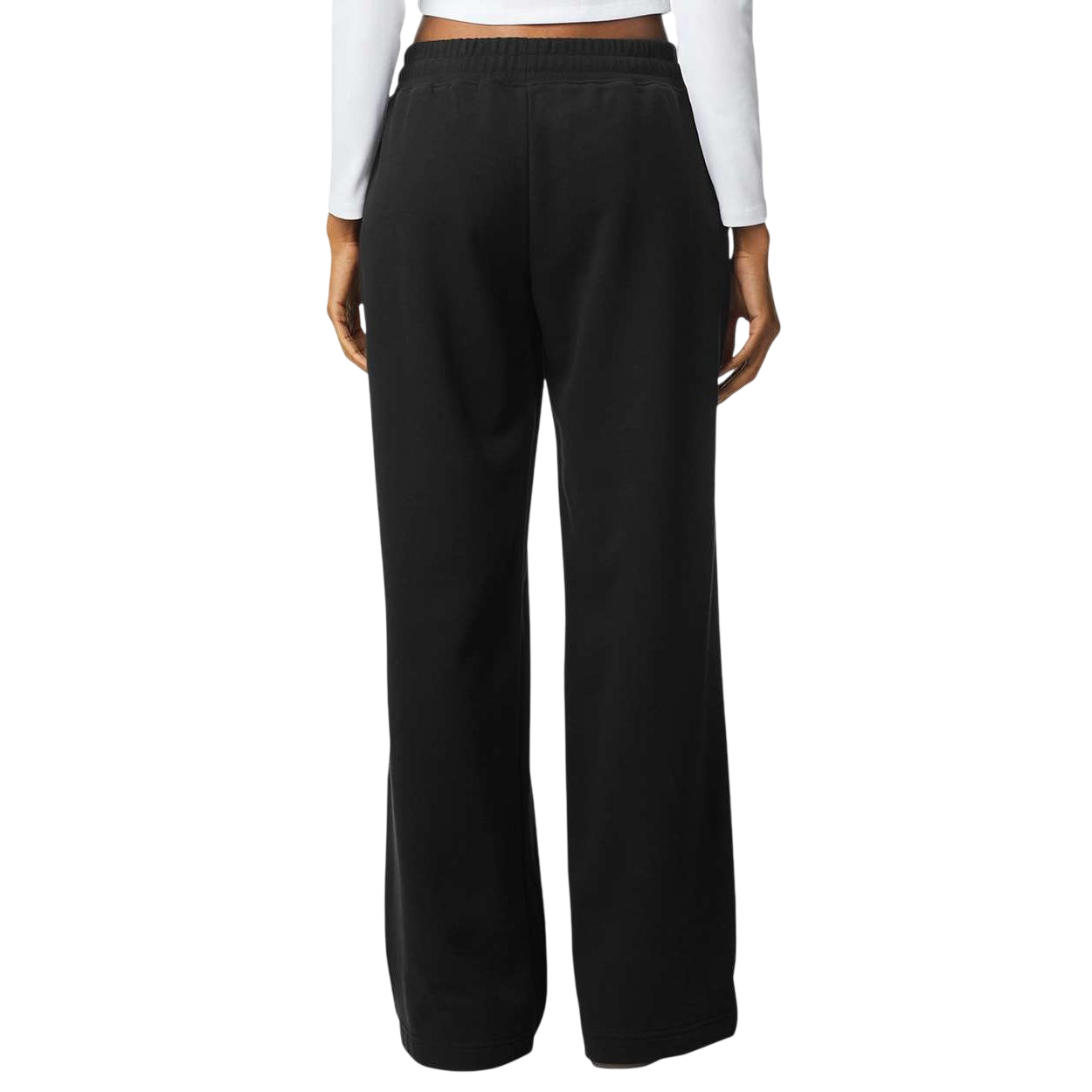 Black American Apparel Women's French Terry Wide Leg Pant, made from midweight cotton-poly French terry fabric with a soft brushed interior, featuring a relaxed wide-leg silhouette, elastic waistband with adjustable drawcord, angled side pockets, and clean side seams designed for casual comfort and everyday loungewear use.