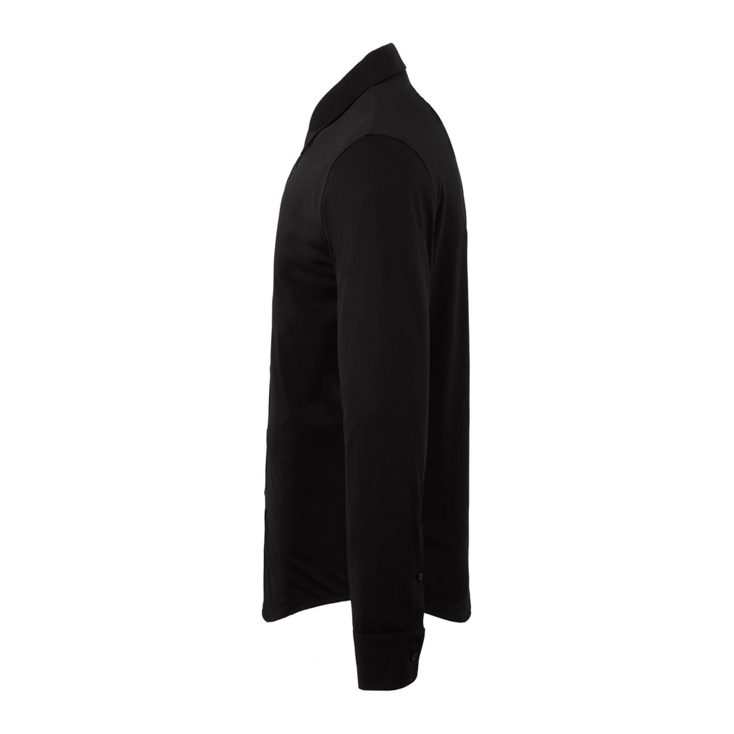 Black men's long sleeve button-up shirt made from a cotton and recycled polyester blend, featuring a pinpoint oxford knit texture, classic collar, button-front closure, UV protection, and a professional tailored appearance.