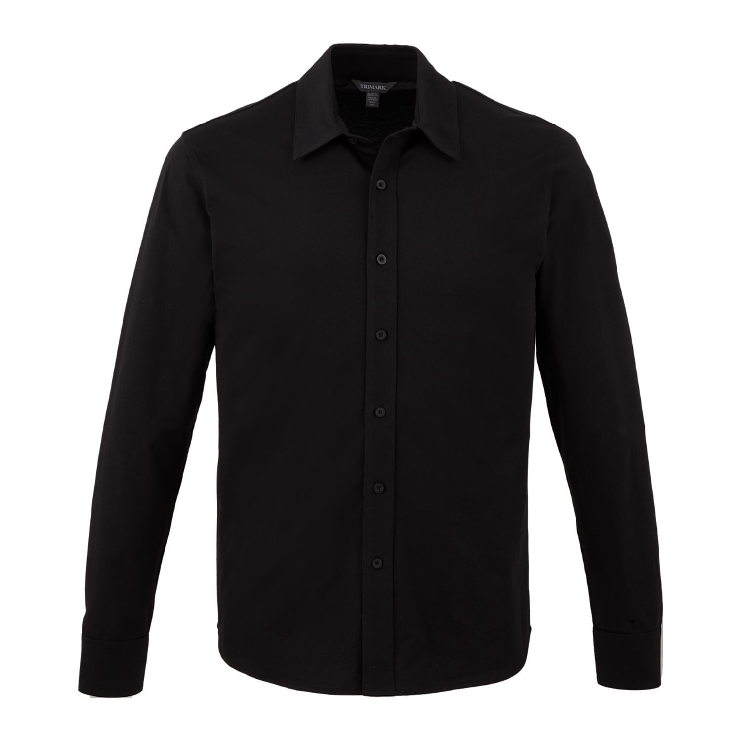 Black men's long sleeve button-up shirt made from a cotton and recycled polyester blend, featuring a pinpoint oxford knit texture, classic collar, button-front closure, UV protection, and a professional tailored appearance.