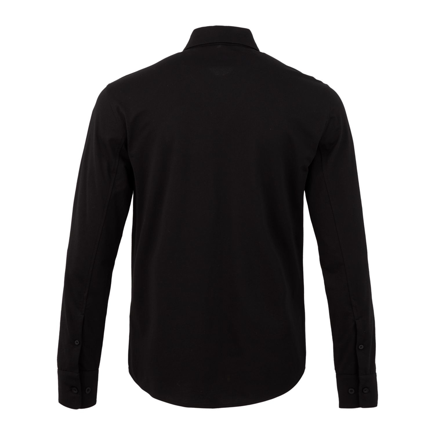 Black men's long sleeve button-up shirt made from a cotton and recycled polyester blend, featuring a pinpoint oxford knit texture, classic collar, button-front closure, UV protection, and a professional tailored appearance.