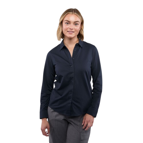 Navy women's long sleeve button-up shirt made from cotton and recycled polyester knit fabric with a professional collar, button-front closure, and easy-care performance construction.
