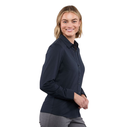 Navy women's long sleeve button-up shirt made from cotton and recycled polyester knit fabric with a professional collar, button-front closure, and easy-care performance construction.
