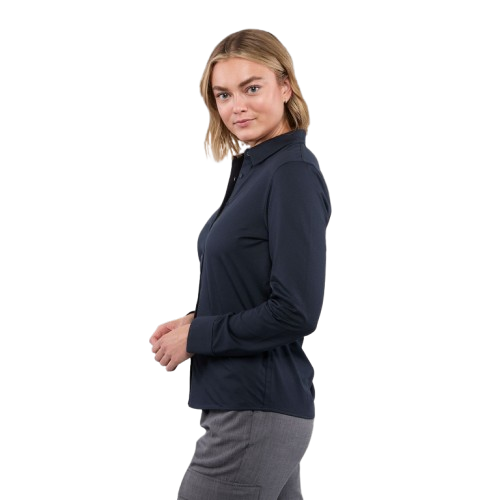 Navy women's long sleeve button-up shirt made from cotton and recycled polyester knit fabric with a professional collar, button-front closure, and easy-care performance construction.