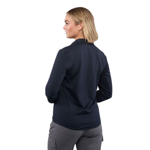 Navy women's long sleeve button-up shirt made from cotton and recycled polyester knit fabric with a professional collar, button-front closure, and easy-care performance construction.