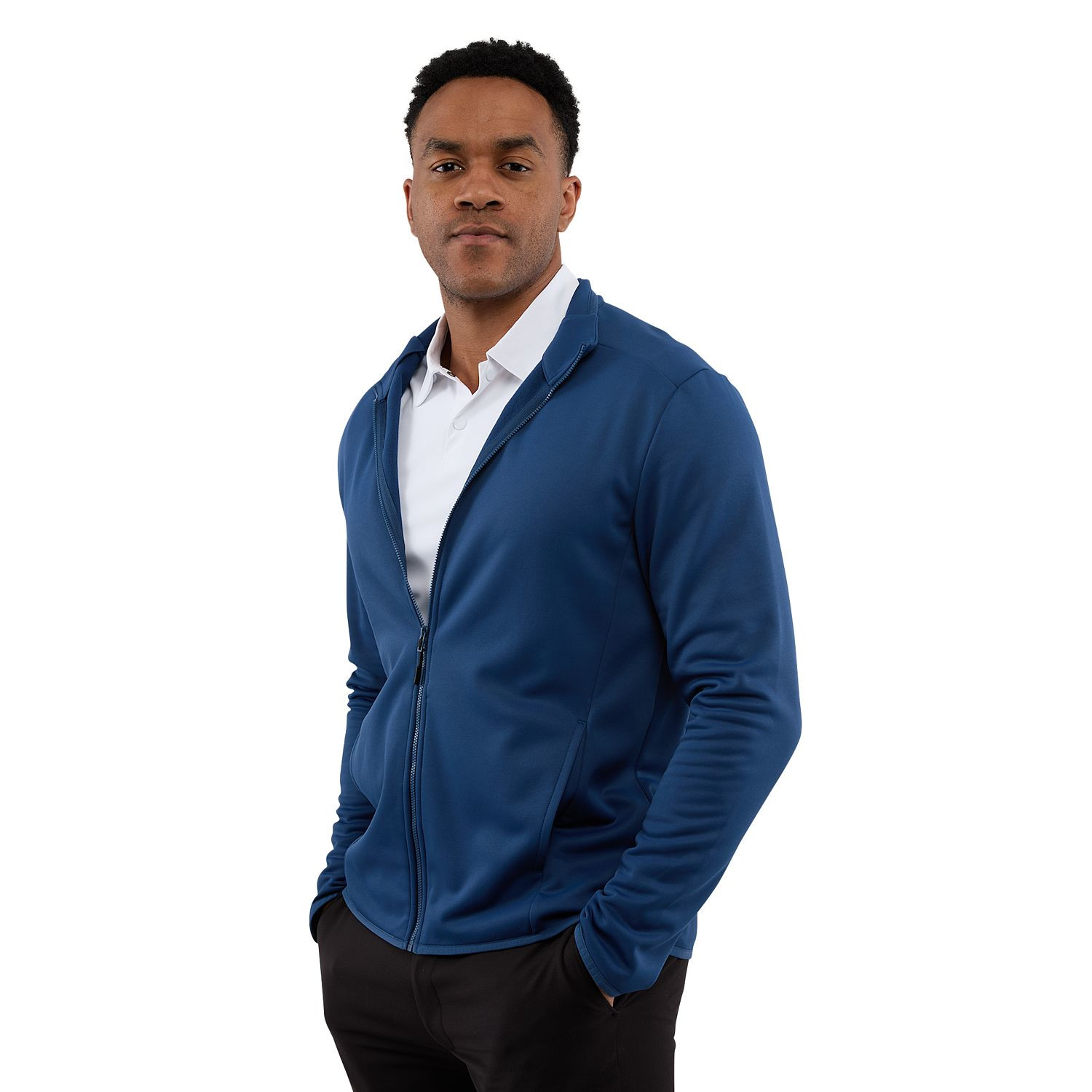 River Blue men's recycled polyester fleece jacket featuring a full-zip front, brushed-back interior, built-in stretch, snag-resistant finish, and UPF 50+ sun protection for everyday comfort and performance.