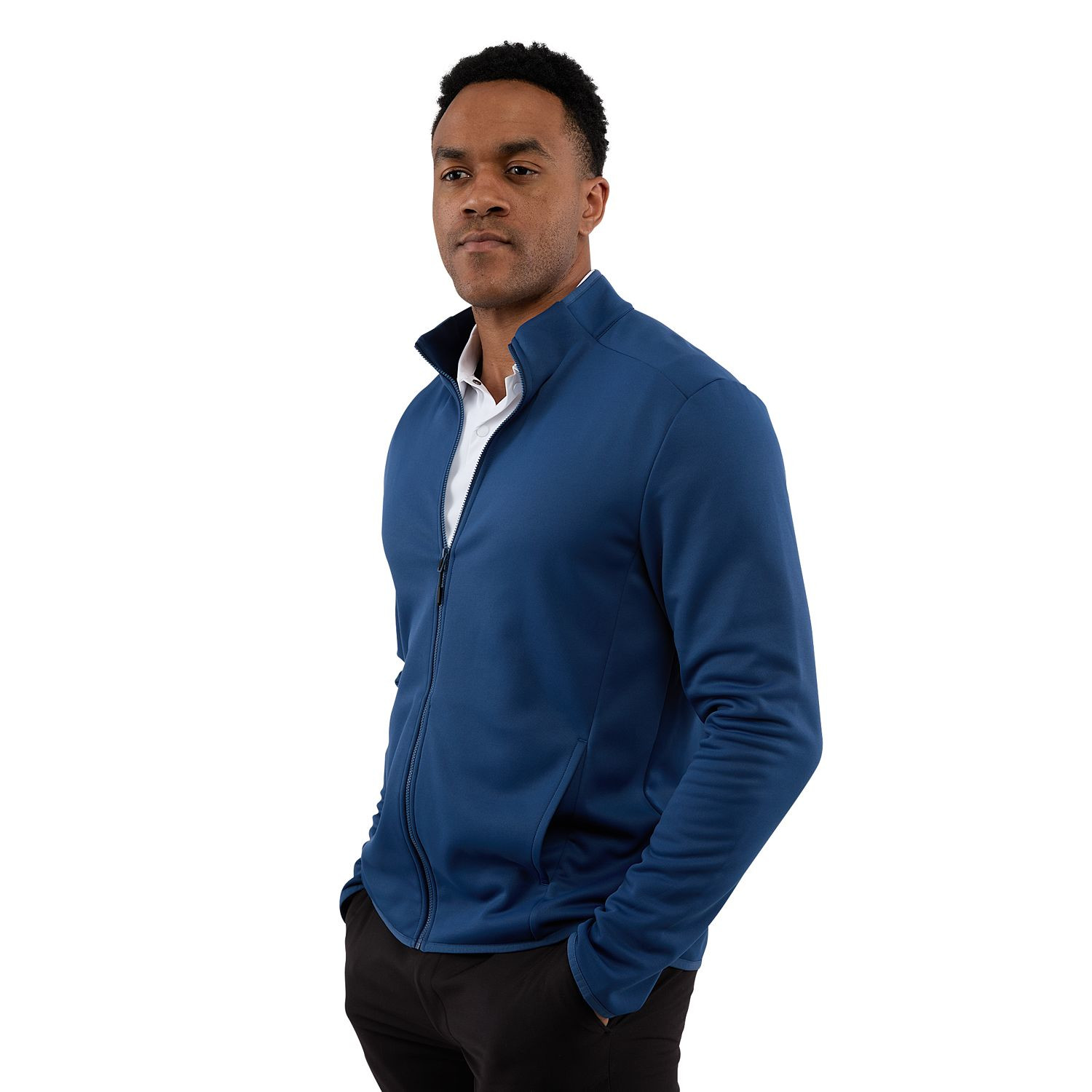 River Blue men's recycled polyester fleece jacket featuring a full-zip front, brushed-back interior, built-in stretch, snag-resistant finish, and UPF 50+ sun protection for everyday comfort and performance.