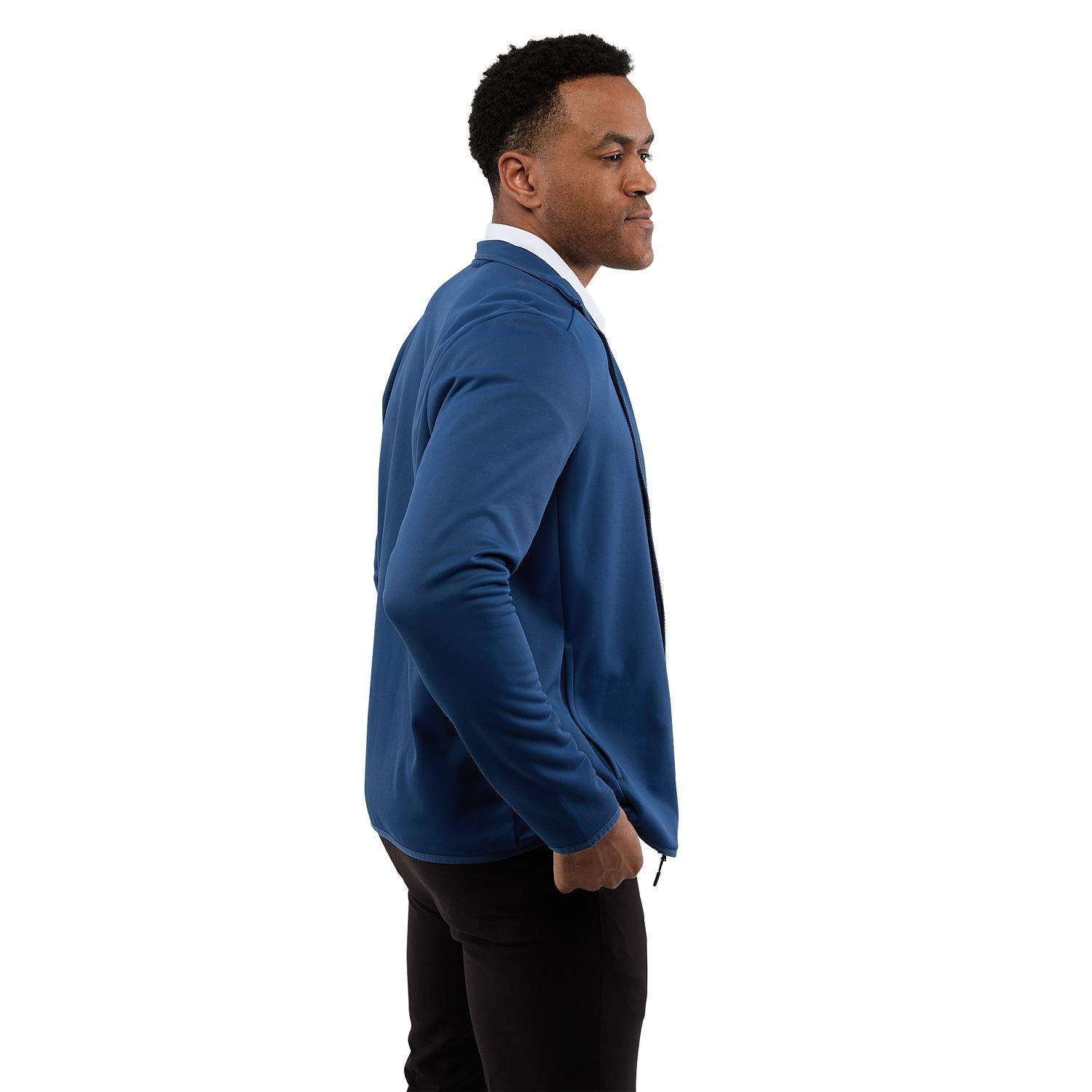River Blue men's recycled polyester fleece jacket featuring a full-zip front, brushed-back interior, built-in stretch, snag-resistant finish, and UPF 50+ sun protection for everyday comfort and performance.