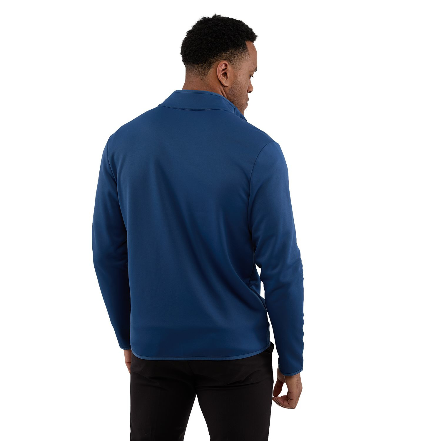 River Blue men's recycled polyester fleece jacket featuring a full-zip front, brushed-back interior, built-in stretch, snag-resistant finish, and UPF 50+ sun protection for everyday comfort and performance.