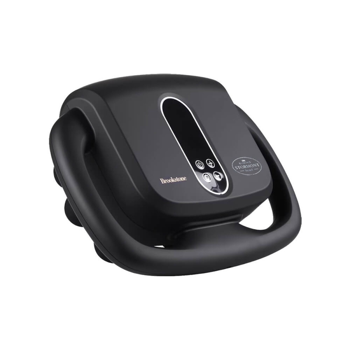 Brookstone Six Head Ultra Recovery Percussion Massager in black cordless handheld design, featuring multiple massage nodes on a pistol-style ergonomic grip with LCD display, used for deep tissue muscle recovery and relaxation on neck, back, shoulders, arms, and legs.