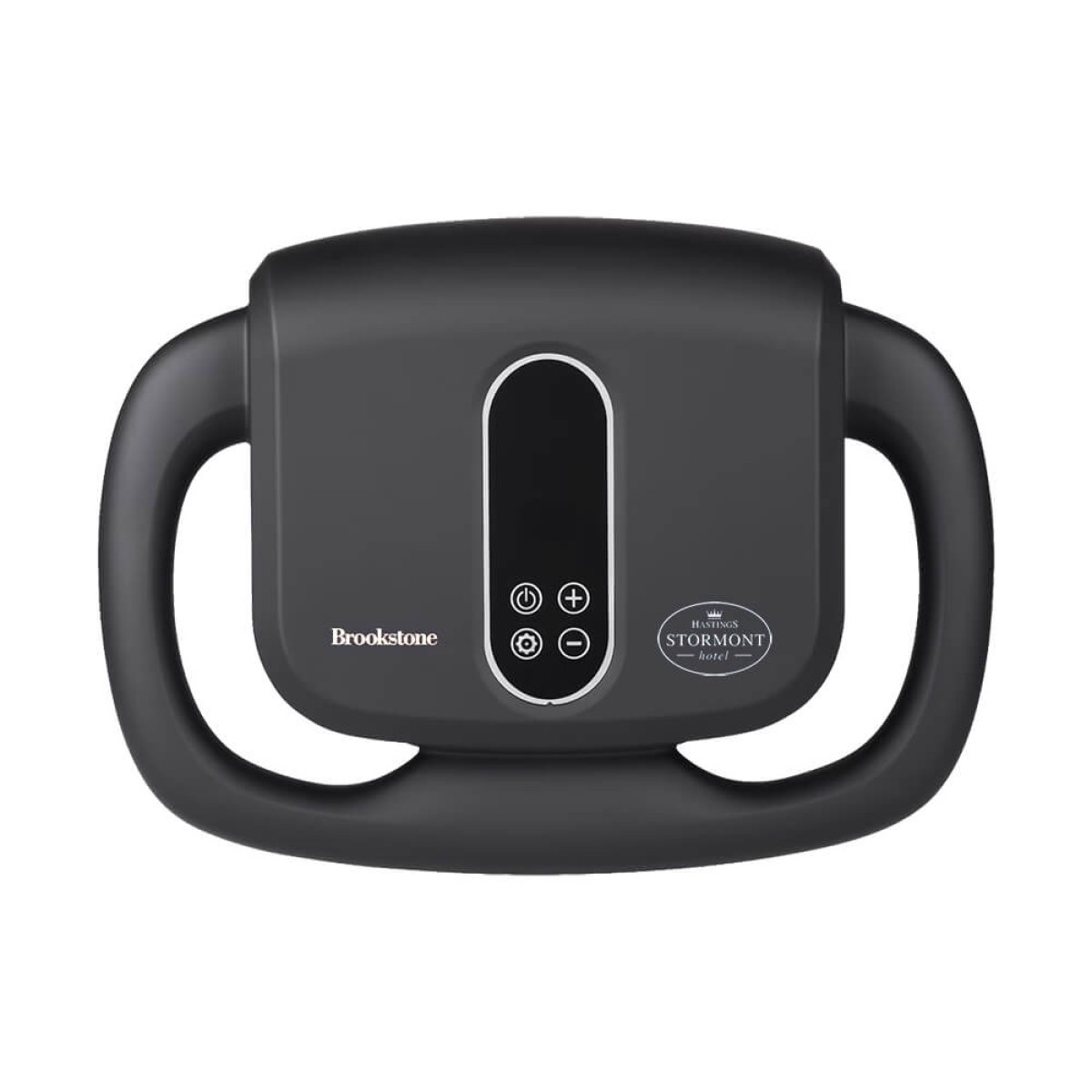 Brookstone Six Head Ultra Recovery Percussion Massager in black cordless handheld design, featuring multiple massage nodes on a pistol-style ergonomic grip with LCD display, used for deep tissue muscle recovery and relaxation on neck, back, shoulders, arms, and legs.