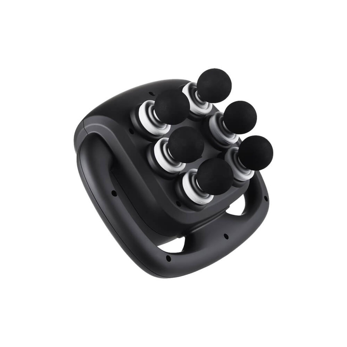 Brookstone Six Head Ultra Recovery Percussion Massager in black cordless handheld design, featuring multiple massage nodes on a pistol-style ergonomic grip with LCD display, used for deep tissue muscle recovery and relaxation on neck, back, shoulders, arms, and legs.