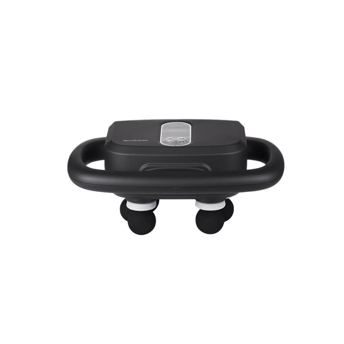 Brookstone Six Head Ultra Recovery Percussion Massager in black cordless handheld design, featuring multiple massage nodes on a pistol-style ergonomic grip with LCD display, used for deep tissue muscle recovery and relaxation on neck, back, shoulders, arms, and legs.