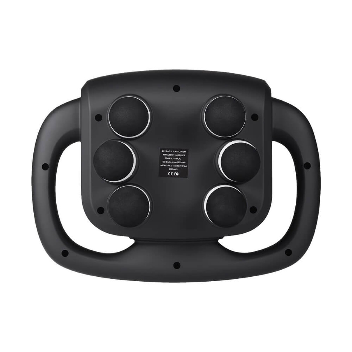 Brookstone Six Head Ultra Recovery Percussion Massager in black cordless handheld design, featuring multiple massage nodes on a pistol-style ergonomic grip with LCD display, used for deep tissue muscle recovery and relaxation on neck, back, shoulders, arms, and legs.