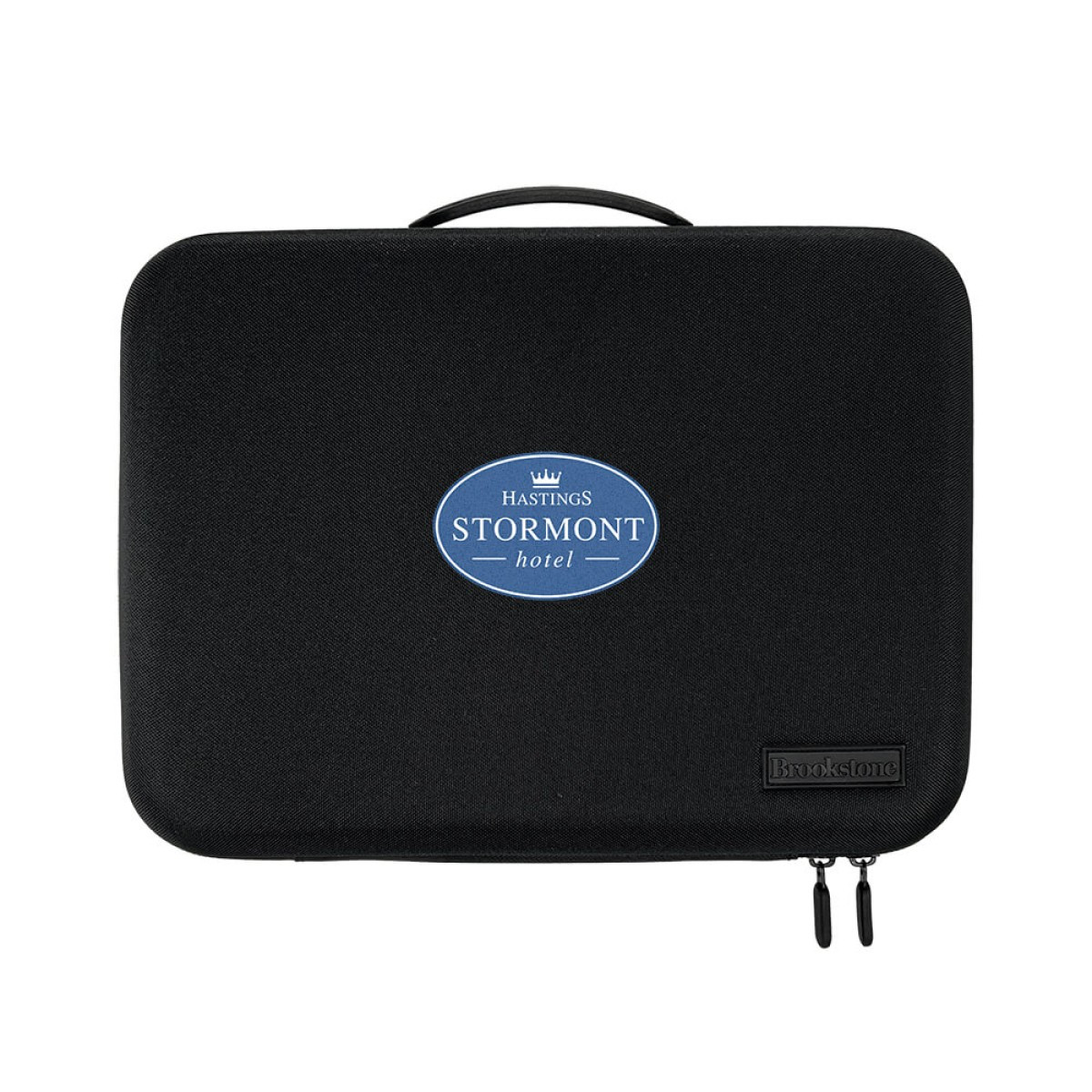 Brookstone Six Head Ultra Recovery Percussion Massager in black cordless handheld design, featuring multiple massage nodes on a pistol-style ergonomic grip with LCD display, used for deep tissue muscle recovery and relaxation on neck, back, shoulders, arms, and legs.