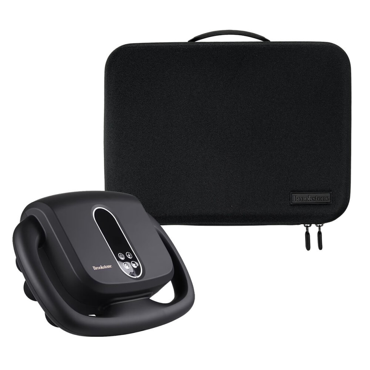 Brookstone Six Head Ultra Recovery Percussion Massager in black cordless handheld design, featuring multiple massage nodes on a pistol-style ergonomic grip with LCD display, used for deep tissue muscle recovery and relaxation on neck, back, shoulders, arms, and legs.
