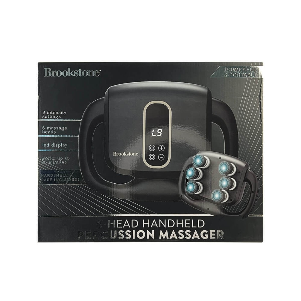 Brookstone Six Head Ultra Recovery Percussion Massager in black cordless handheld design, featuring multiple massage nodes on a pistol-style ergonomic grip with LCD display, used for deep tissue muscle recovery and relaxation on neck, back, shoulders, arms, and legs.