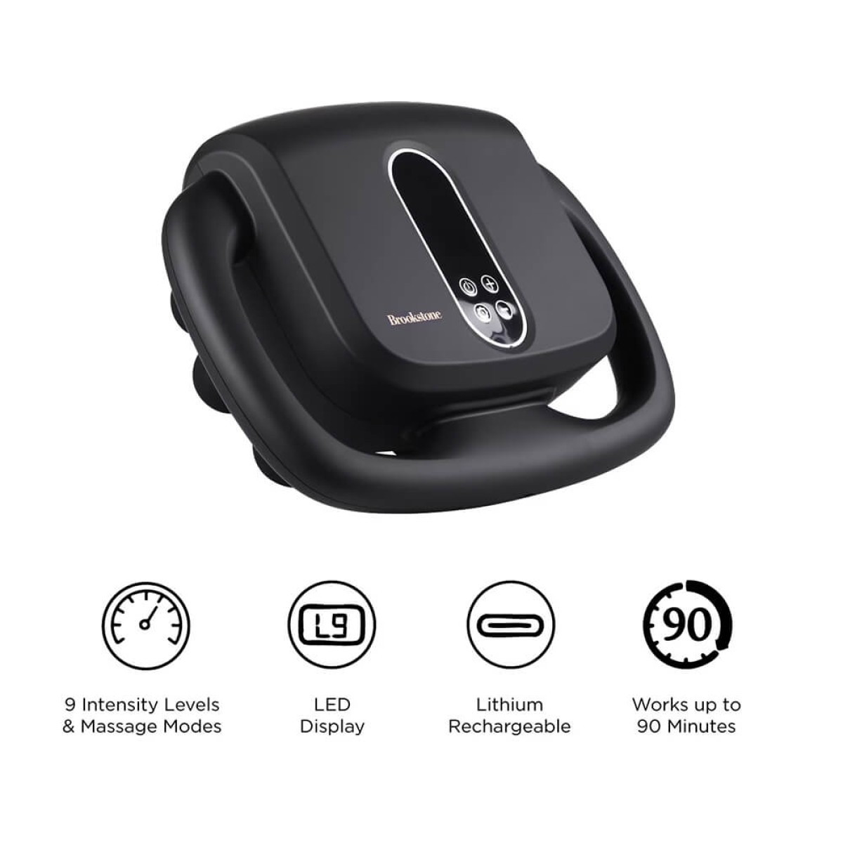 Brookstone Six Head Ultra Recovery Percussion Massager in black cordless handheld design, featuring multiple massage nodes on a pistol-style ergonomic grip with LCD display, used for deep tissue muscle recovery and relaxation on neck, back, shoulders, arms, and legs.