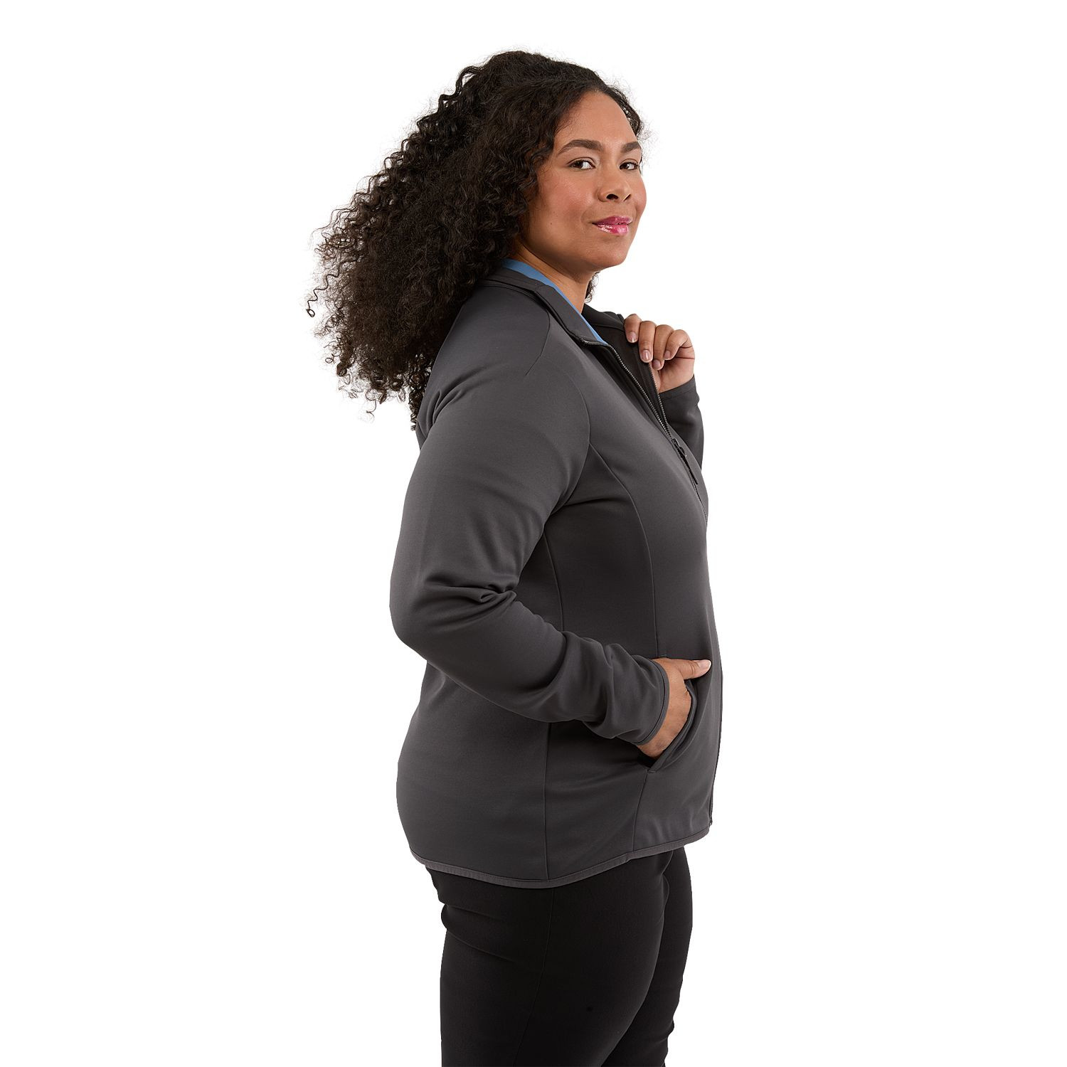 Gray Smoke women's recycled polyester fleece jacket featuring a full-zip front, brushed-back fleece interior, built-in stretch, snag-resistant finish, and UPF 50+ sun protection for everyday comfort and performance.