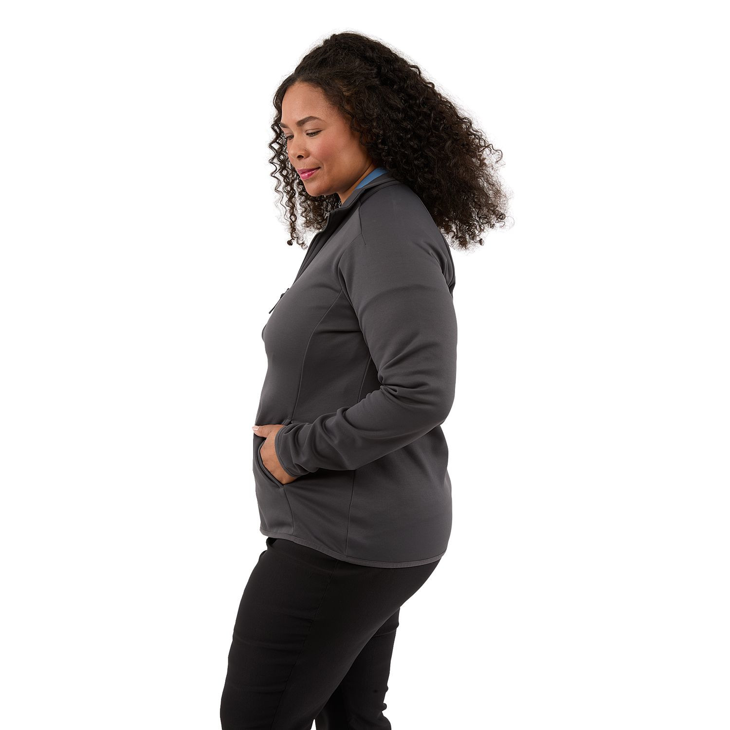 Gray Smoke women's recycled polyester fleece jacket featuring a full-zip front, brushed-back fleece interior, built-in stretch, snag-resistant finish, and UPF 50+ sun protection for everyday comfort and performance.