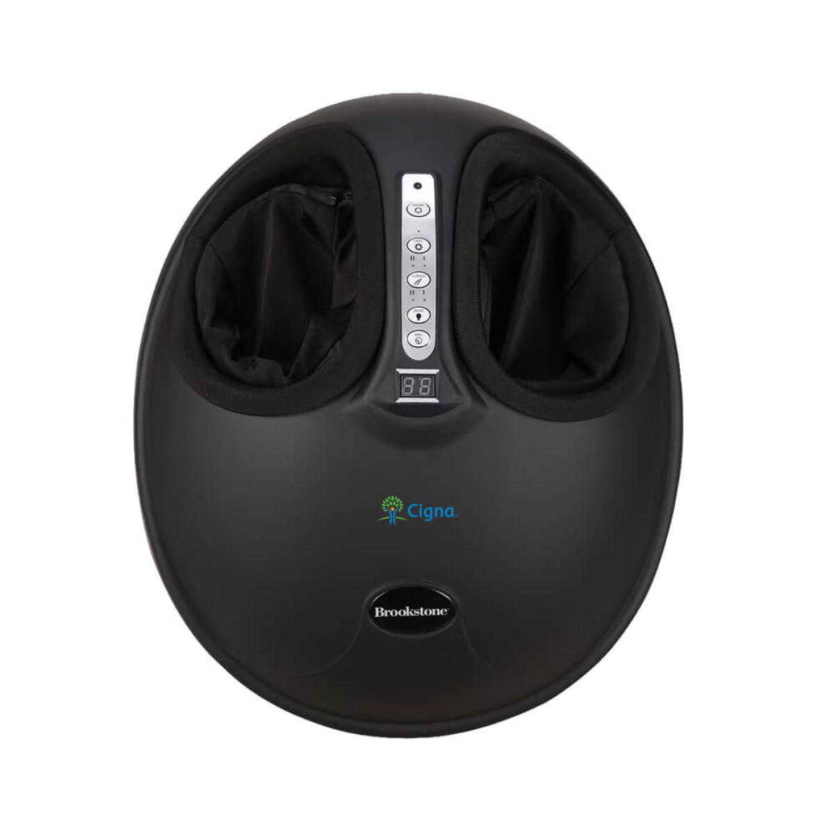 Brookstone® Six Head Ultra Recovery Percussion Massager in black and silver finish, featuring a handheld ergonomic design with six circular massage heads, matte plastic housing, and digital LCD display, used for deep tissue muscle relief and full-body recovery including neck, shoulders, back, arms, legs, and feet.