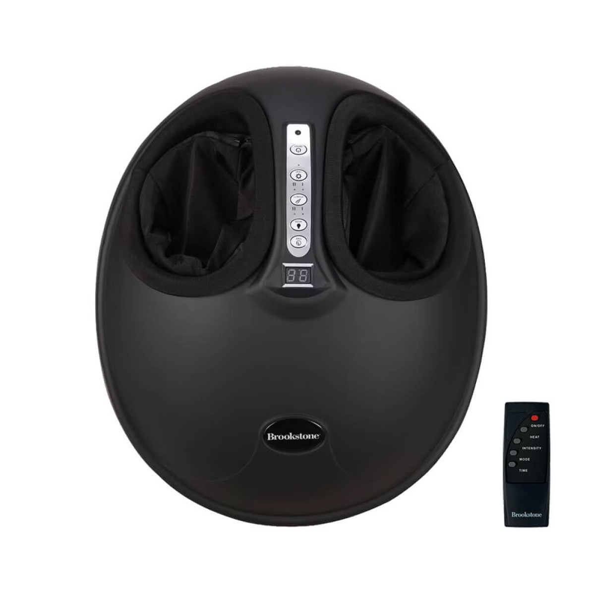 Brookstone® Six Head Ultra Recovery Percussion Massager in black and silver finish, featuring a handheld ergonomic design with six circular massage heads, matte plastic housing, and digital LCD display, used for deep tissue muscle relief and full-body recovery including neck, shoulders, back, arms, legs, and feet.