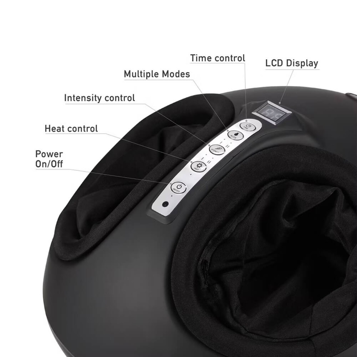 Brookstone® Six Head Ultra Recovery Percussion Massager in black and silver finish, featuring a handheld ergonomic design with six circular massage heads, matte plastic housing, and digital LCD display, used for deep tissue muscle relief and full-body recovery including neck, shoulders, back, arms, legs, and feet.