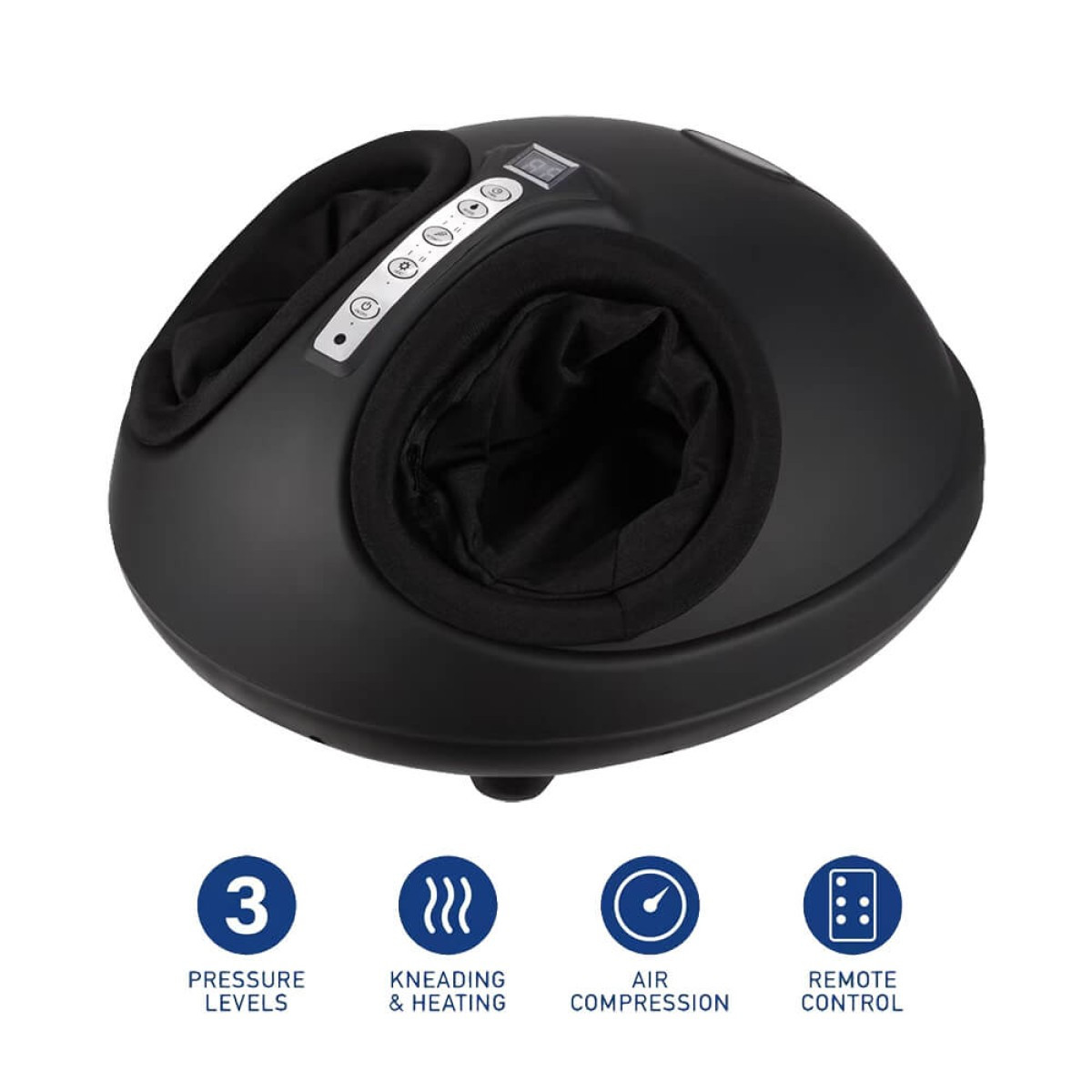 Brookstone® Six Head Ultra Recovery Percussion Massager in black and silver finish, featuring a handheld ergonomic design with six circular massage heads, matte plastic housing, and digital LCD display, used for deep tissue muscle relief and full-body recovery including neck, shoulders, back, arms, legs, and feet.