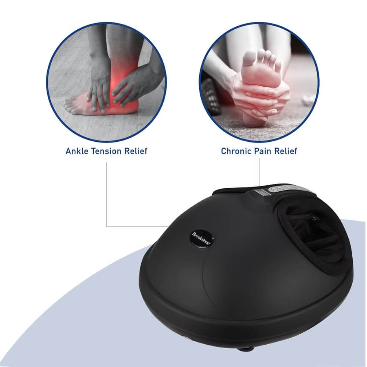 Brookstone® Six Head Ultra Recovery Percussion Massager in black and silver finish, featuring a handheld ergonomic design with six circular massage heads, matte plastic housing, and digital LCD display, used for deep tissue muscle relief and full-body recovery including neck, shoulders, back, arms, legs, and feet.