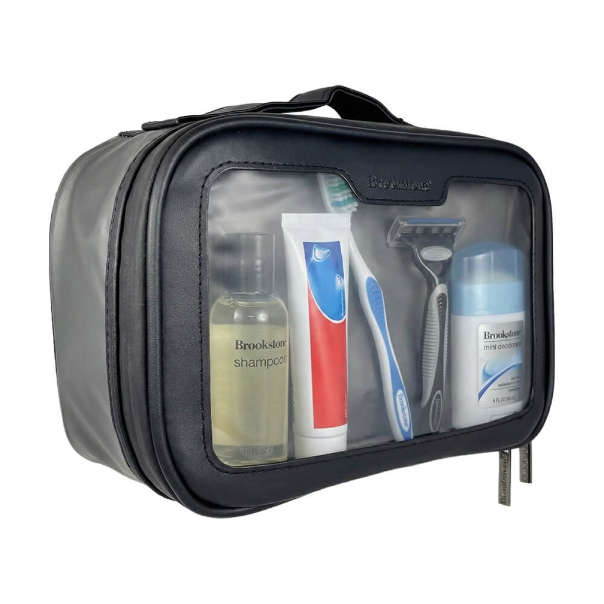 Brookstone 3 Piece Toiletry Kit featuring a sleek black vegan leather travel organizer set, including a main zippered pouch with transparent TPU side panels and two additional matching accessory pouches, designed for neatly storing toiletries and travel essentials.