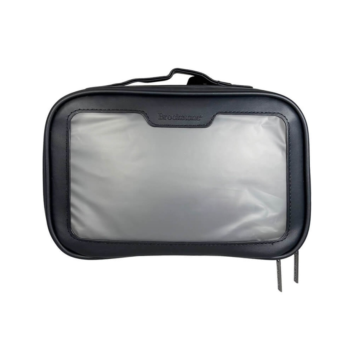Brookstone 3 Piece Toiletry Kit featuring a sleek black vegan leather travel organizer set, including a main zippered pouch with transparent TPU side panels and two additional matching accessory pouches, designed for neatly storing toiletries and travel essentials.