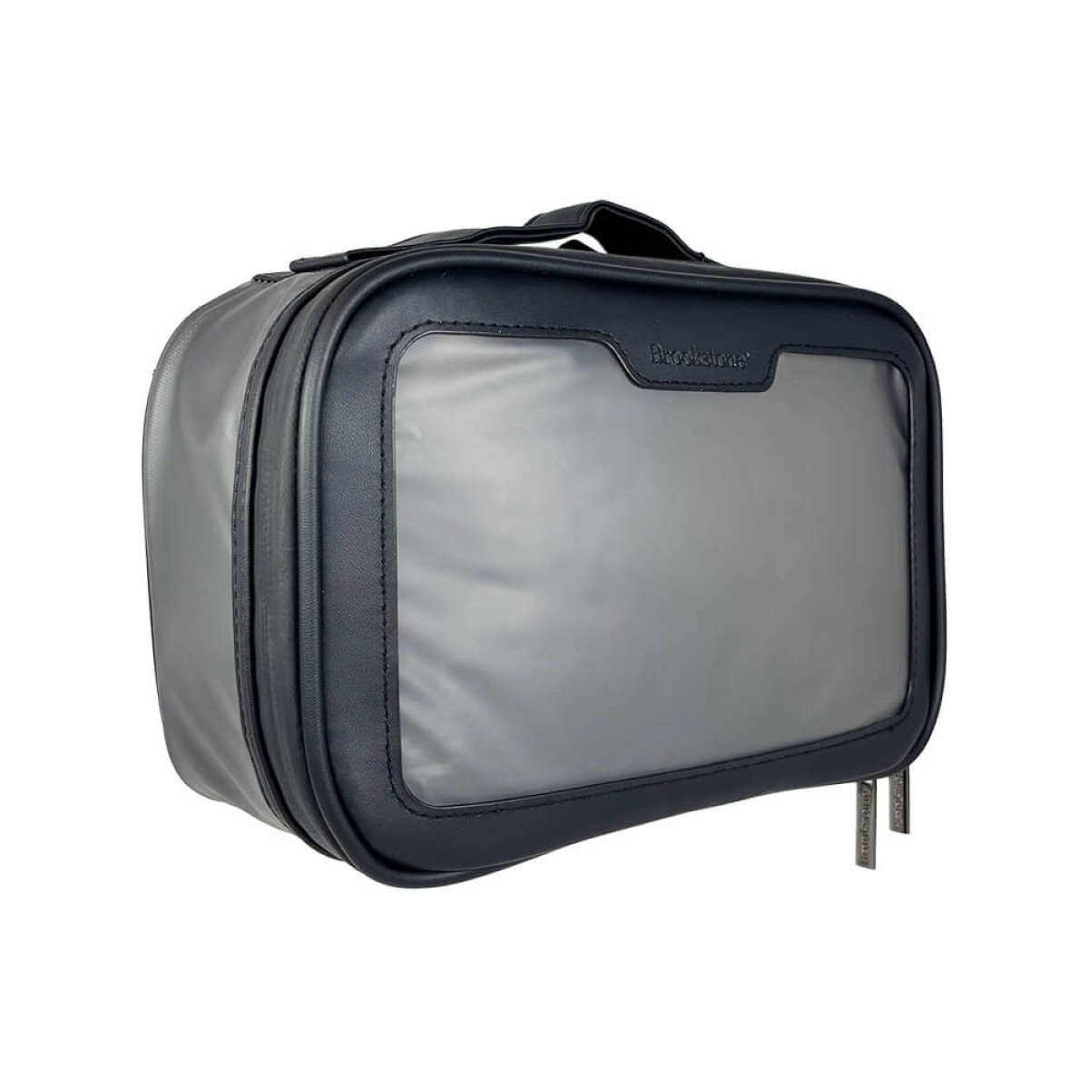 Brookstone 3 Piece Toiletry Kit featuring a sleek black vegan leather travel organizer set, including a main zippered pouch with transparent TPU side panels and two additional matching accessory pouches, designed for neatly storing toiletries and travel essentials.