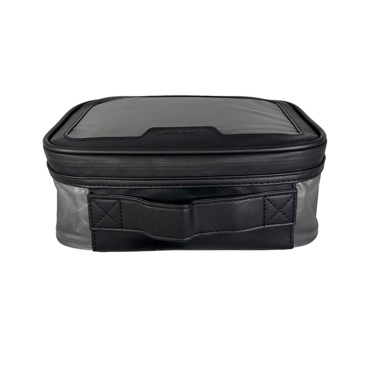Brookstone 3 Piece Toiletry Kit featuring a sleek black vegan leather travel organizer set, including a main zippered pouch with transparent TPU side panels and two additional matching accessory pouches, designed for neatly storing toiletries and travel essentials.