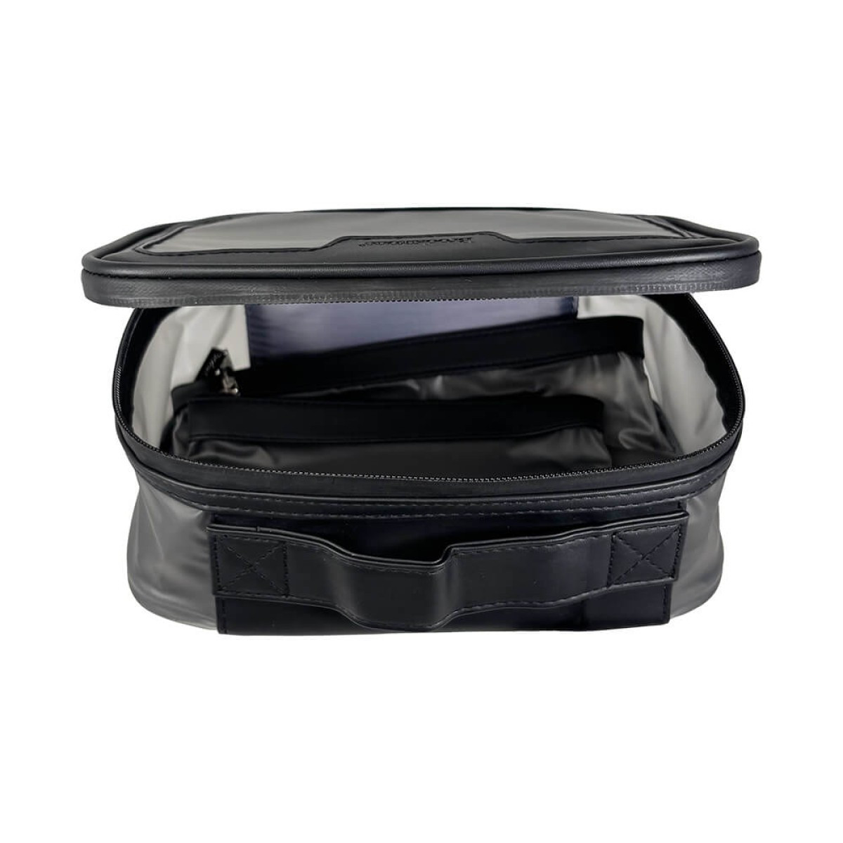 Brookstone 3 Piece Toiletry Kit featuring a sleek black vegan leather travel organizer set, including a main zippered pouch with transparent TPU side panels and two additional matching accessory pouches, designed for neatly storing toiletries and travel essentials.