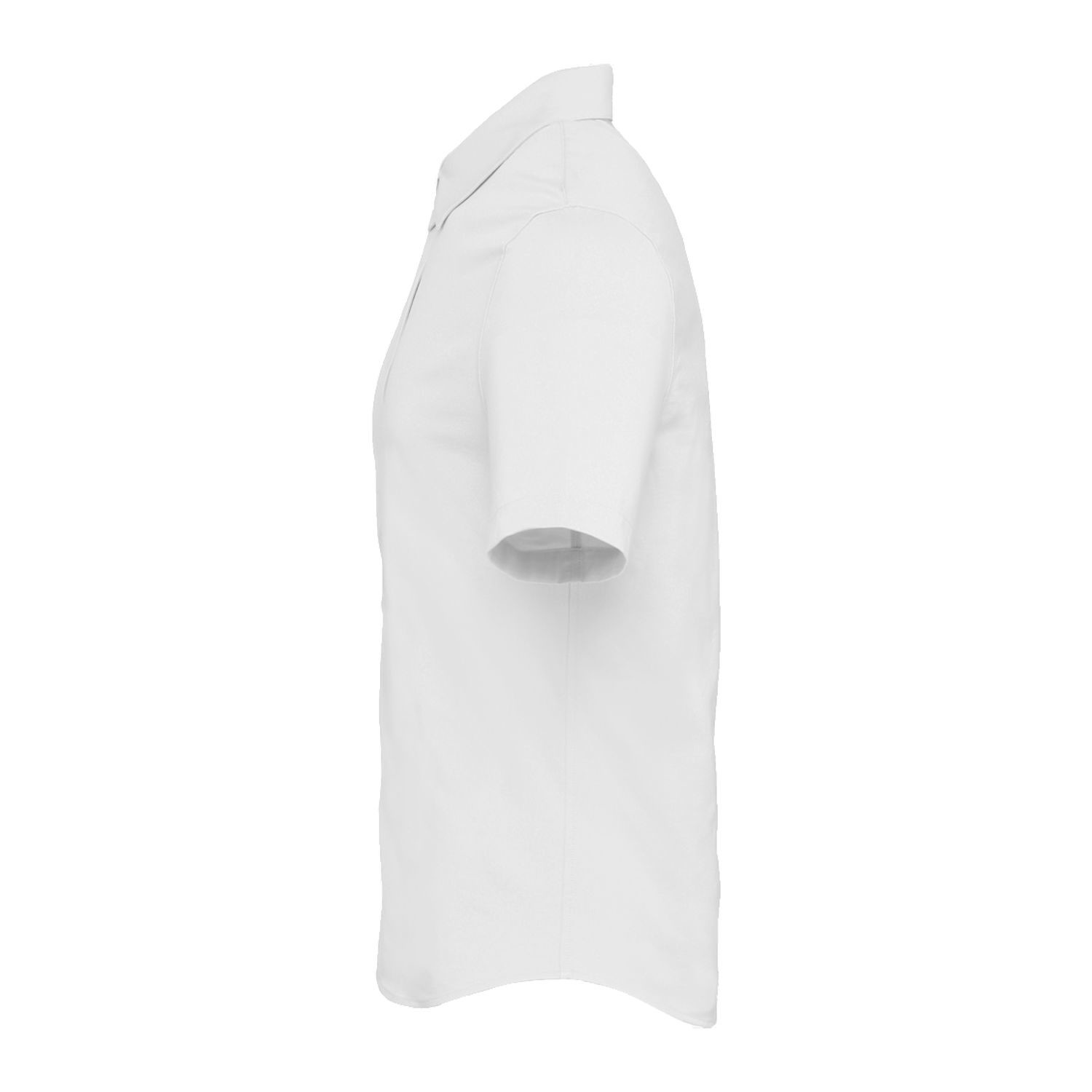 White men's short sleeve knit shirt made from cotton and recycled polyester fabric with a collared button-front design, easy-care construction, UV protection, and a professional business-casual appearance.