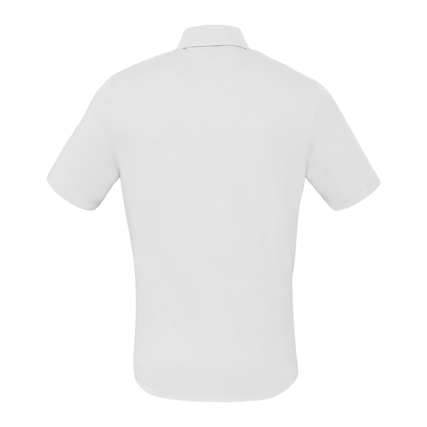 White men's short sleeve knit shirt made from cotton and recycled polyester fabric with a collared button-front design, easy-care construction, UV protection, and a professional business-casual appearance.