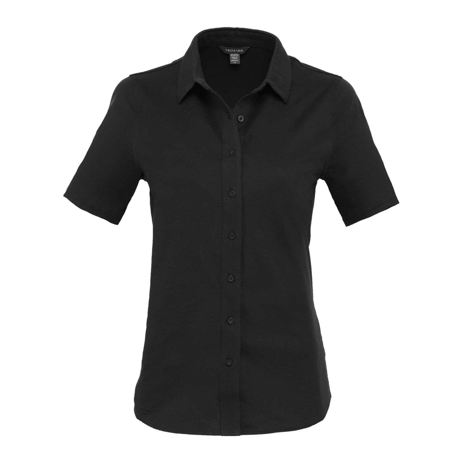 Black women's short sleeve knit dress shirt made from cotton and recycled polyester blend with a collared neckline, button-front closure, tailored fit, and professional styling for office and team apparel.