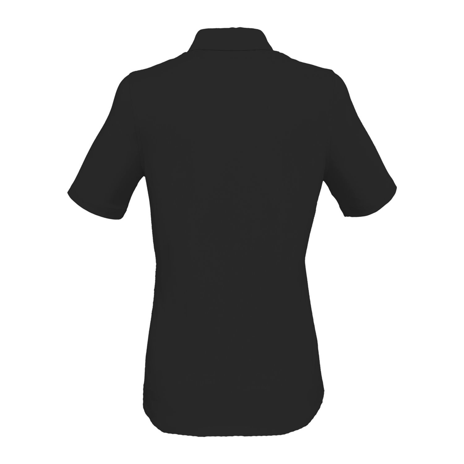 Black women's short sleeve knit dress shirt made from cotton and recycled polyester blend with a collared neckline, button-front closure, tailored fit, and professional styling for office and team apparel.
