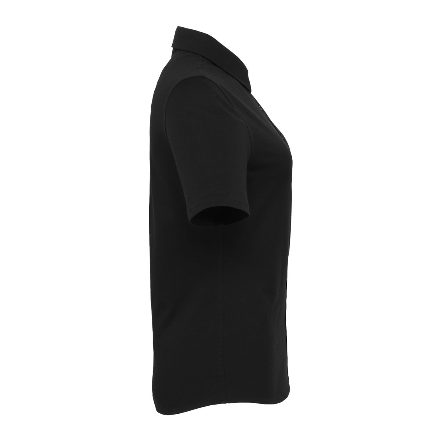 Black women's short sleeve knit dress shirt made from cotton and recycled polyester blend with a collared neckline, button-front closure, tailored fit, and professional styling for office and team apparel.