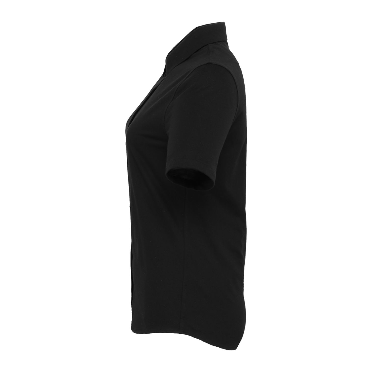 Black women's short sleeve knit dress shirt made from cotton and recycled polyester blend with a collared neckline, button-front closure, tailored fit, and professional styling for office and team apparel.