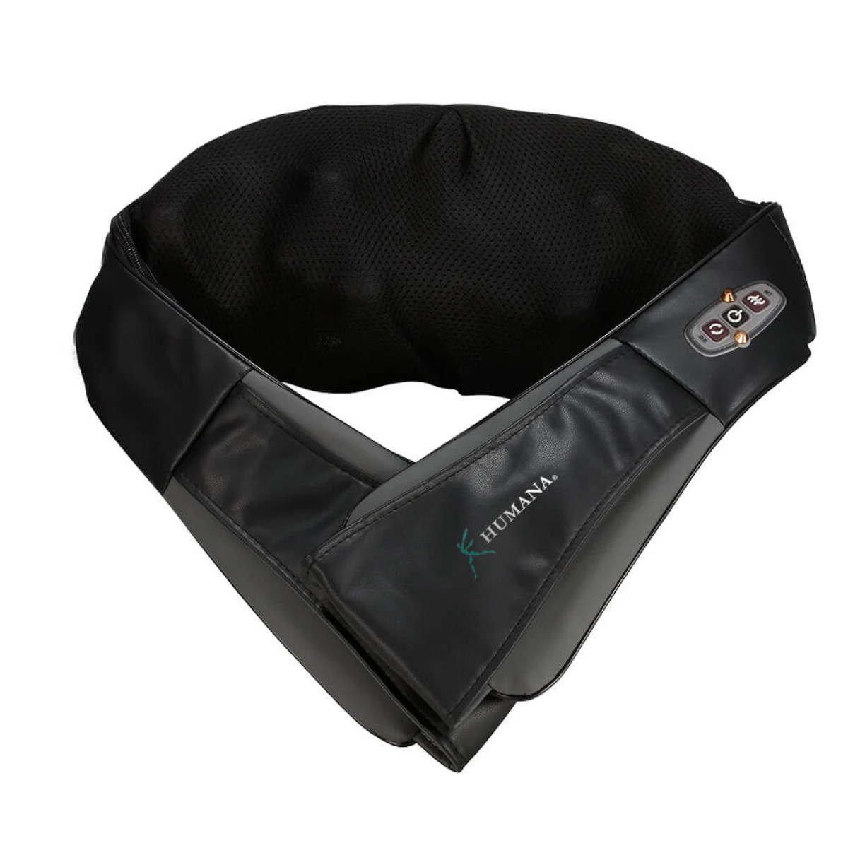 Brookstone Shiatsu Neck and Shoulder Massager in black with ergonomic wraparound design, dual arm straps, and built-in kneading massage nodes for heated neck, shoulder, and upper back muscle relief.