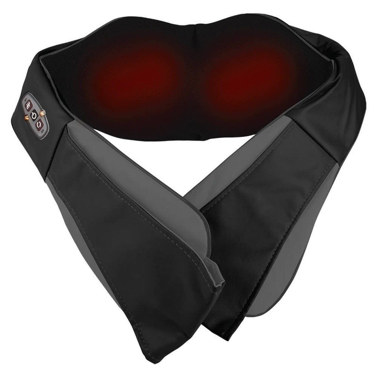 Brookstone Shiatsu Neck and Shoulder Massager in black with ergonomic wraparound design, dual arm straps, and built-in kneading massage nodes for heated neck, shoulder, and upper back muscle relief.