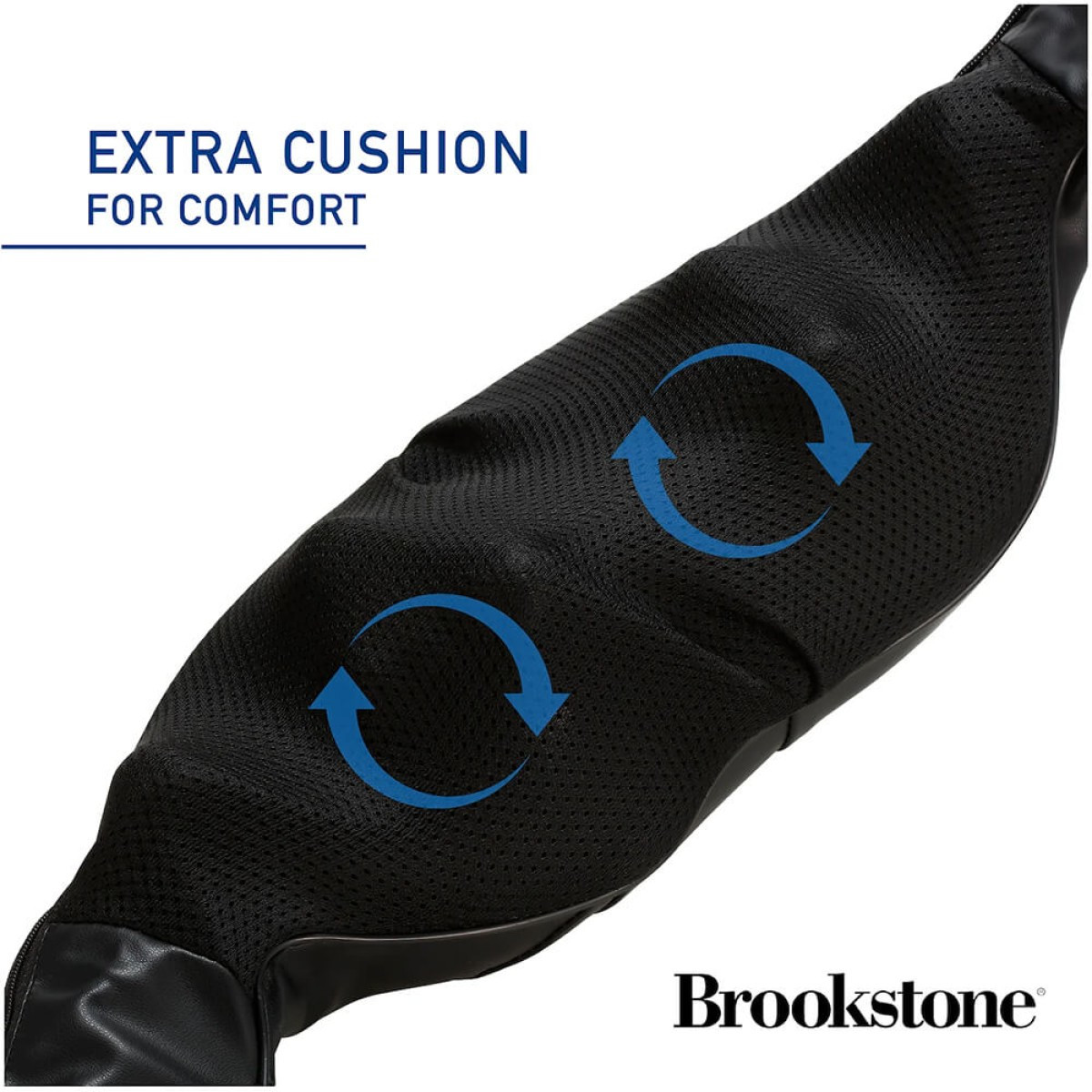 Brookstone Shiatsu Neck and Shoulder Massager in black with ergonomic wraparound design, dual arm straps, and built-in kneading massage nodes for heated neck, shoulder, and upper back muscle relief.