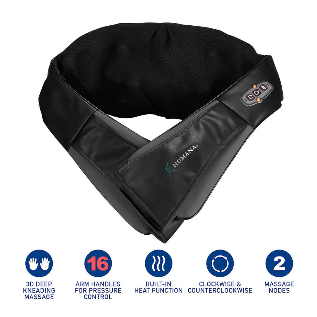 Brookstone Shiatsu Neck and Shoulder Massager in black with ergonomic wraparound design, dual arm straps, and built-in kneading massage nodes for heated neck, shoulder, and upper back muscle relief.